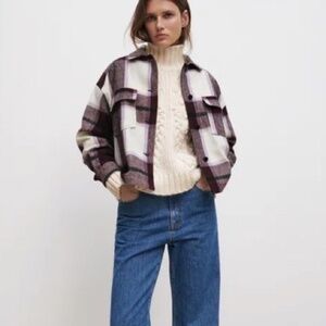ZARA Womens Plaid Shacket in Cream/Purple￨Size Medium